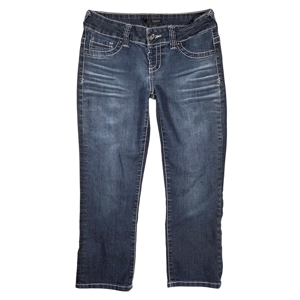 Maurices Womens Medium Dark Wash Cropped Straight Leg Jeans Contrast Stitch Y2K